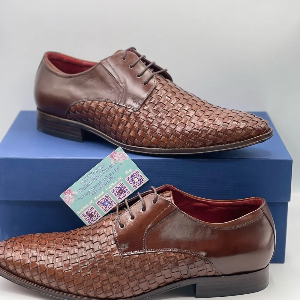 MASSIMO MATTEO WOVEN BROWN LEATHER‎ LACE-UP MOC TOE WINGTIP SHOE (SIZE 9.5)